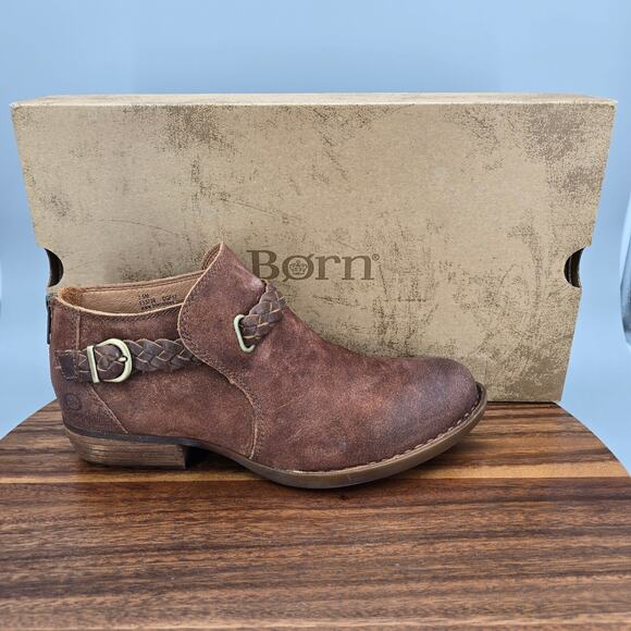 Born Sylvia Boots Women's 7.5 M Rust Brown Leather Back Zip Braided Strap Ankle - Picture 1 of 10